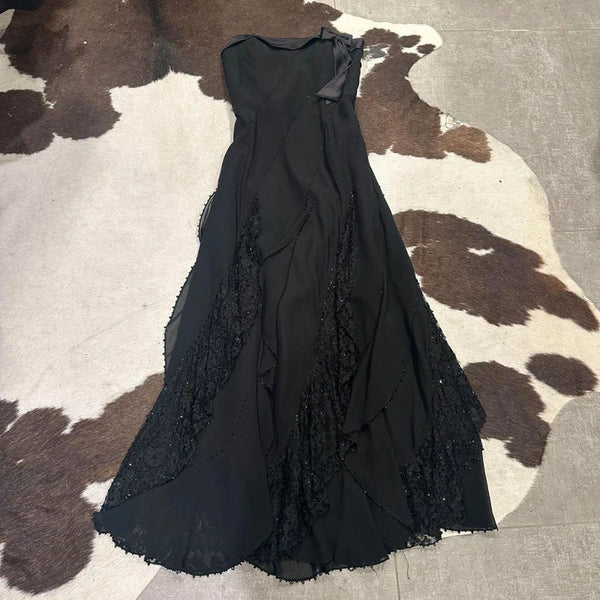 Destinations by Mon Cheri 100% Silk Black Y2k Vintage Strapless Gown