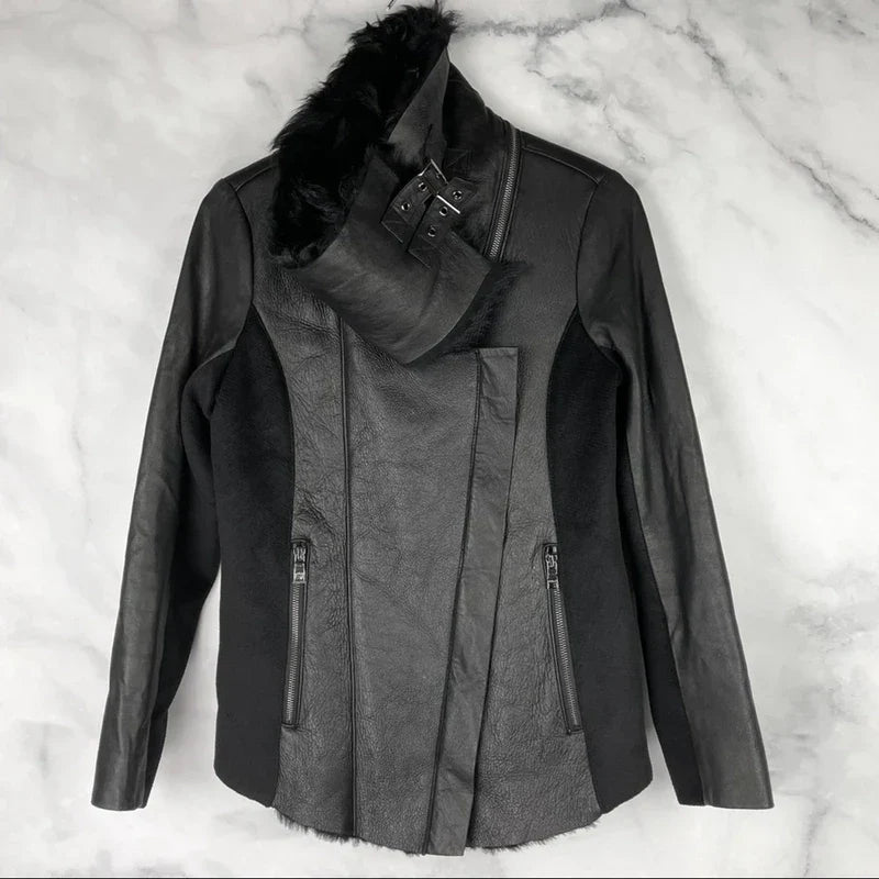 Ashley B $1795 Leather Shearling Wool Zipper Cowl Moto Biker Coat Jacket Black S