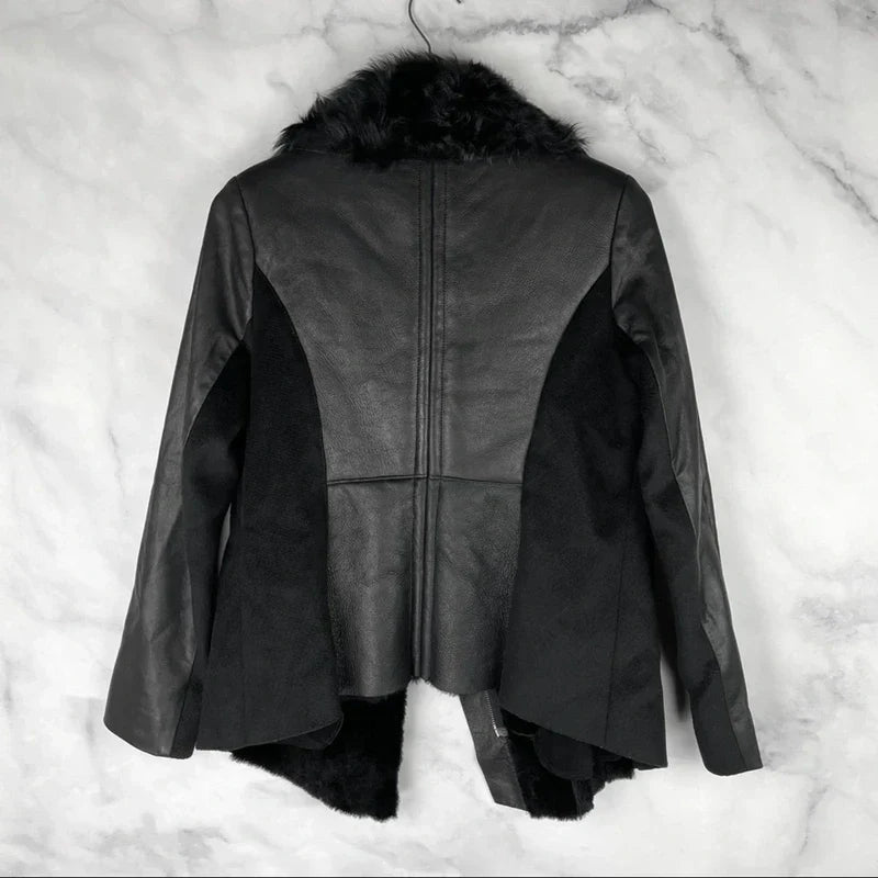 Ashley B $1795 Leather Shearling Wool Zipper Cowl Moto Biker Coat Jacket Black S
