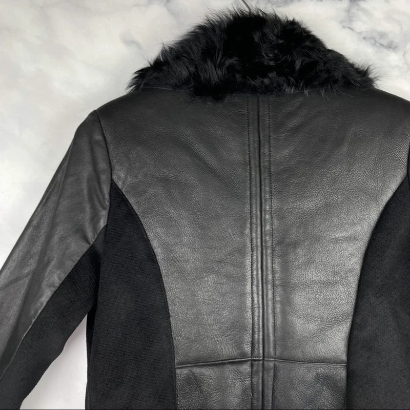 Ashley B $1795 Leather Shearling Wool Zipper Cowl Moto Biker Coat Jacket Black S