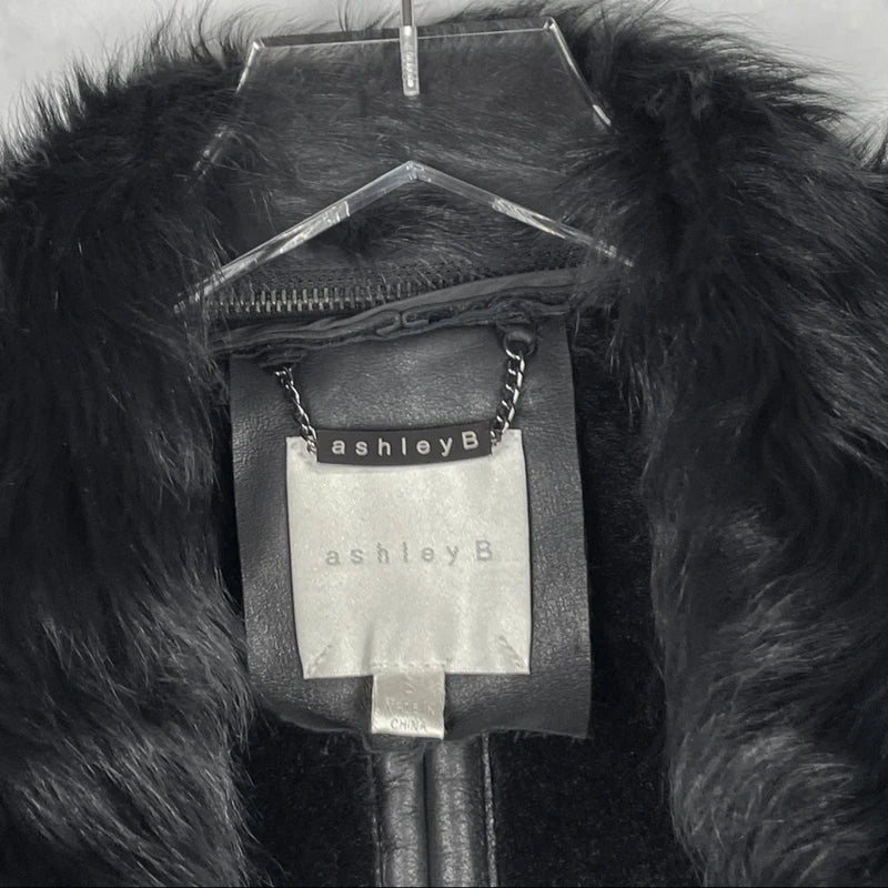 Ashley B $1795 Leather Shearling Wool Zipper Cowl Moto Biker Coat Jacket Black S